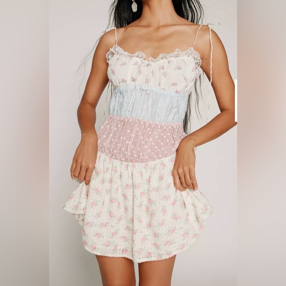 For Love & Lemons Elula Mini Dress floral patchwork ruffled lace sleeveless XS